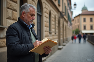 Homme d'âge moyen examinant des documents anciens devant une bâtisse