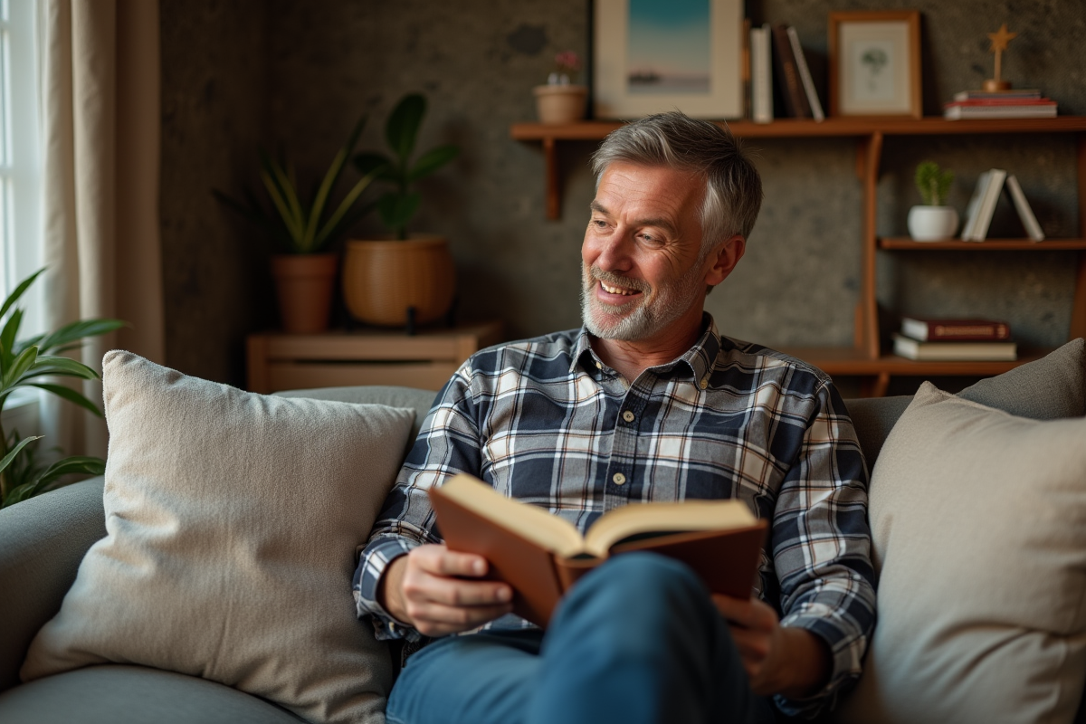 Homme regarde un diorama de livre dans un coin lecture cosy