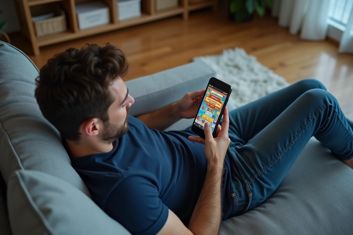 Homme allongé sur canapé qui joue à Monopoly GO en récupérant des récompenses