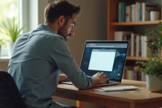 Homme frustré devant un ordinateur gelé dans un bureau cosy