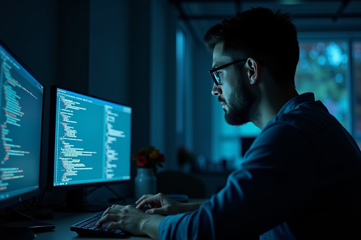 Homme travaillant seul la nuit avec écrans de code et analytics