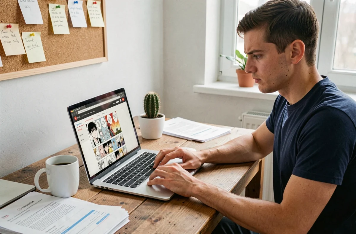 Homme hésitant devant un site de lecture de manga en ligne sur ordinateur portable, illustrant les précautions face à Epsilonscan FR