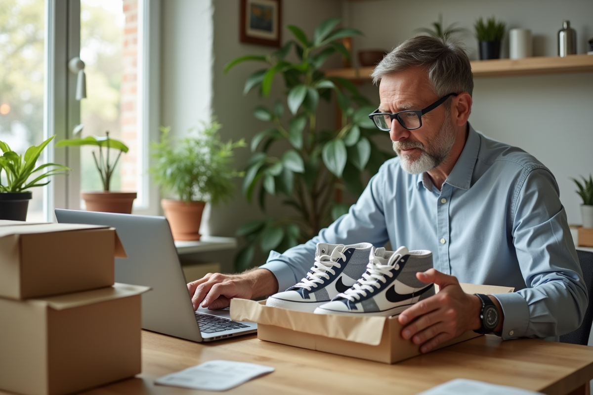 Homme emballant des sneakers dans une cuisine lumineuse