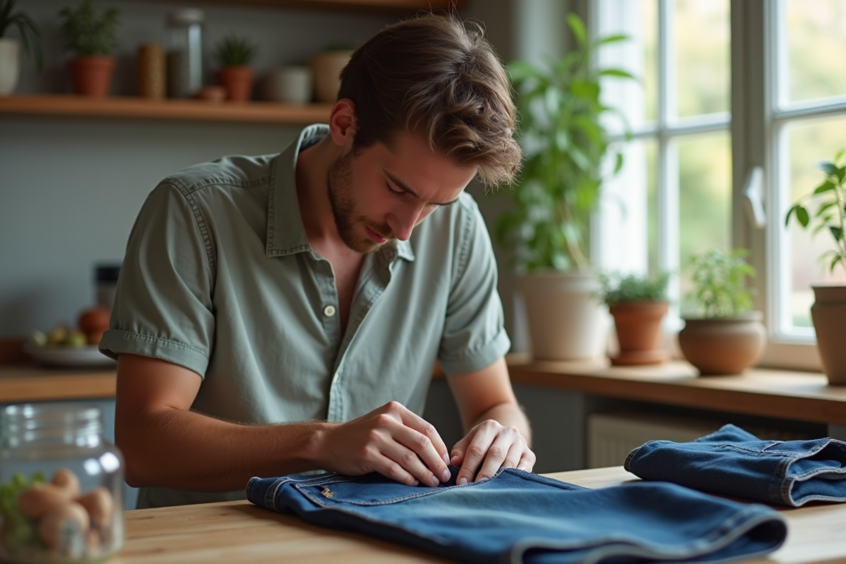 Jeune homme réparant un jean dans une cuisine cosy