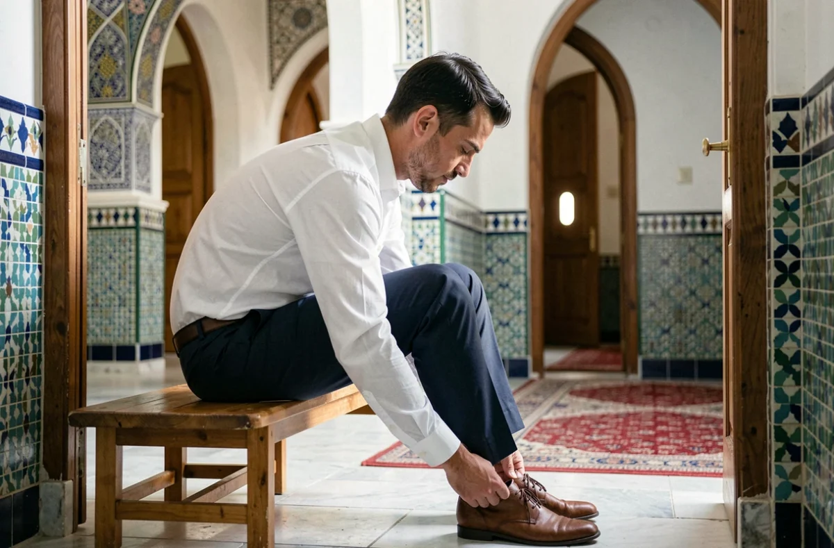 Homme retirant ses chaussures avant d'entrer dans la salle de prière d'une mosquée de Strasbourg