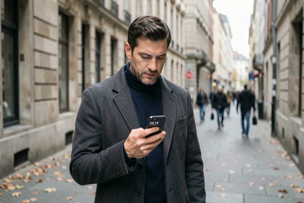 Homme en manteau regardant son téléphone affichant 14h14 dans une rue urbaine européenne en automne
