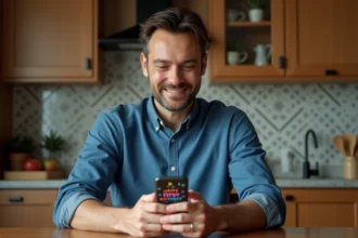 Homme souriant regardant son smartphone dans la cuisine