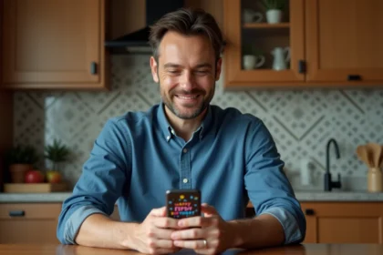Homme souriant regardant son smartphone dans la cuisine