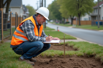 Homme en vêtements de travail examine le sol d'un terrain vacant