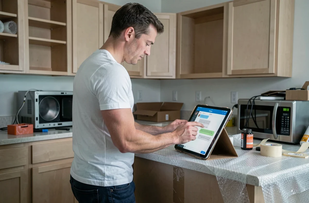 Homme consultant le service clients Sosh sur une tablette dans une cuisine en cours de déménagement avec des cartons