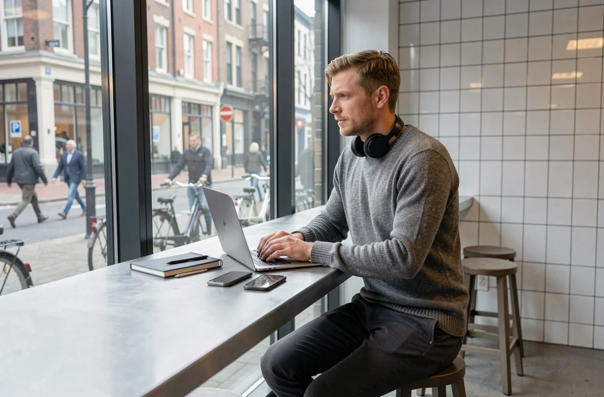 Homme en télétravail dans un café moderne avec grande baie vitrée et connexion WiFi, ambiance urbaine et minimaliste