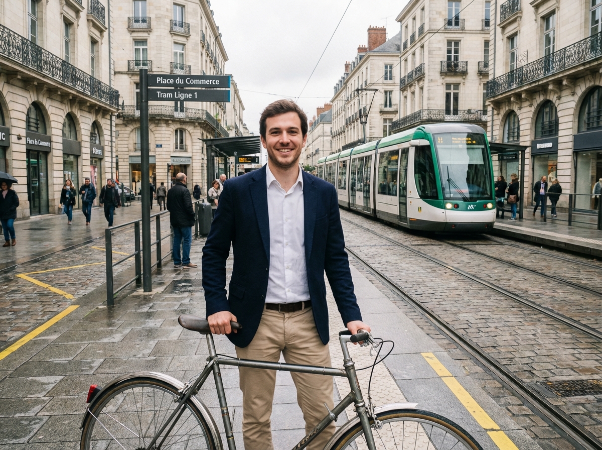 Homme avec vélo sur une plateforme de tram à Nantes
