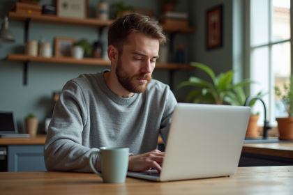 Homme concentré sur son ordinateur portable dans une cuisine chaleureuse