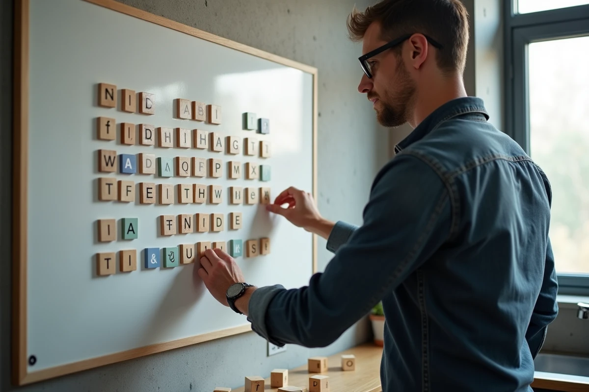 Homme arrangeant des tuiles de lettres colorées sur un tableau blanc pour former une grille style Wordle