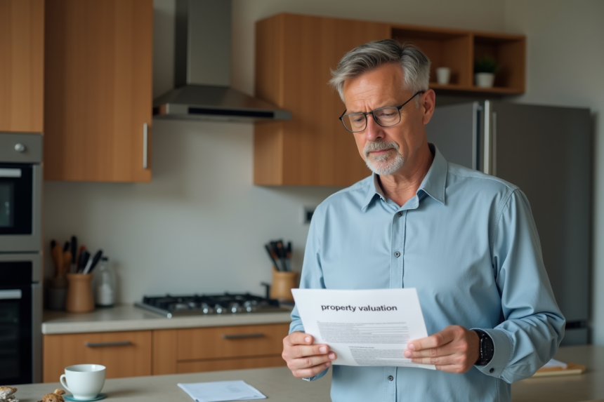 Homme d'âge moyen examinant un document de valuation immobilière