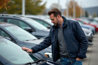 Homme inspectant une voiture d'occasion devant un concessionnaire