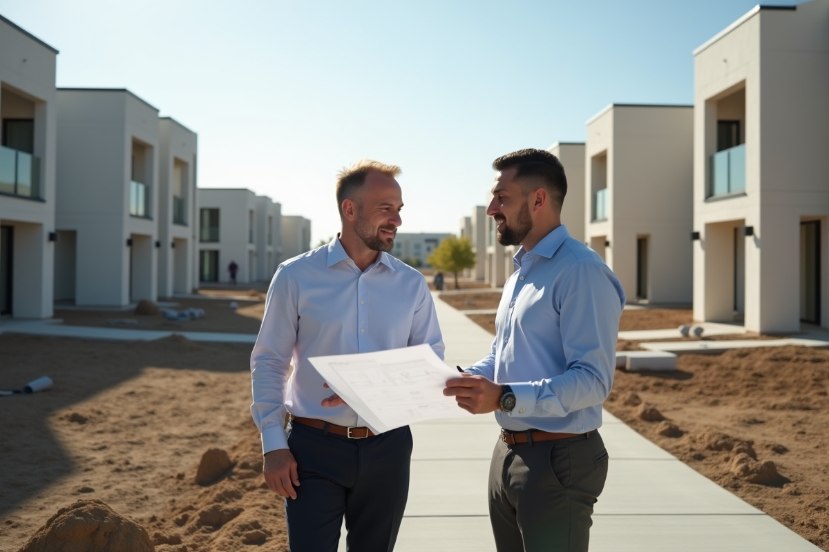 Hommes discutant plans de maison sur un chantier résidentiel
