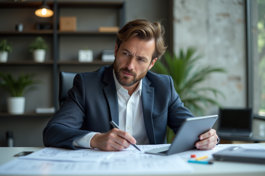 Innovateur homme d'âge moyen dans un bureau moderne analysant des plans