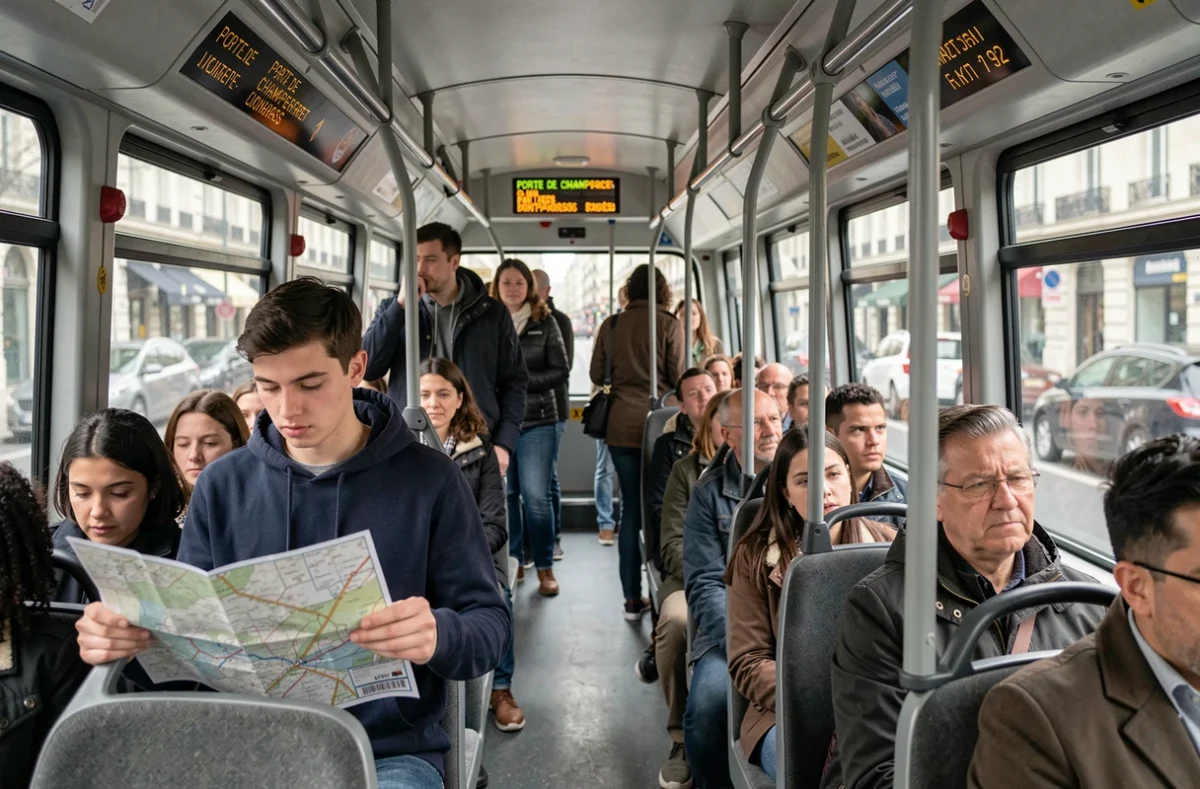 Intérieur du bus 92 RATP avec passagers et affichage des arrêts de la ligne
