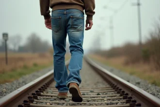 Jeune homme marche sur une voie ferrée en jeans