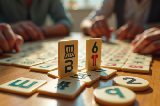 Partie de rummikub en cours avec jokers sur une table en bois