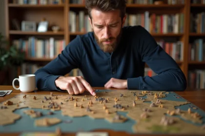 Joueur adulte concentré analysant un jeu de stratégie de guerre tour par tour sur plateau hexagonal en bois
