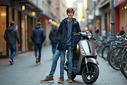 Jeune garçon souriant avec scooter en ville