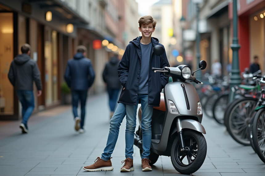 Jeune garçon souriant avec scooter en ville