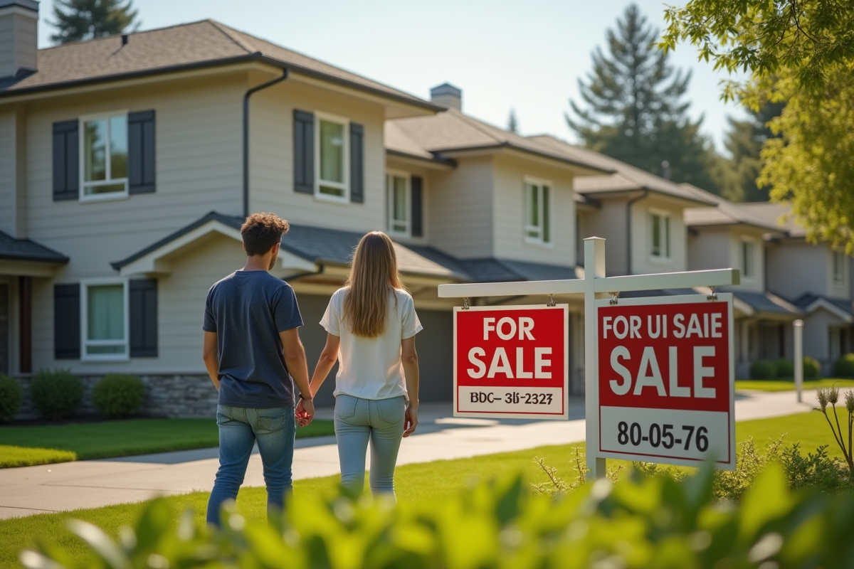 Jeune couple regardant des panneaux à vendre devant des maisons