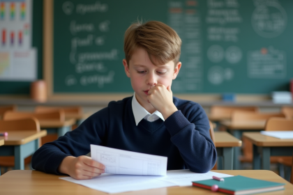 Jeune garçon français en uniforme scolaire dans une classe