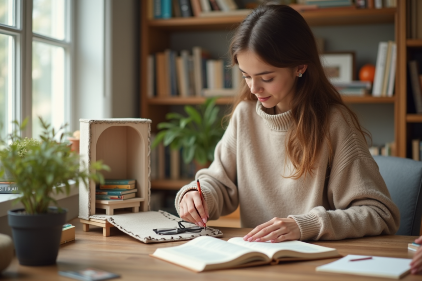 Jeune femme assemble un mini livre dans un bureau lumineux