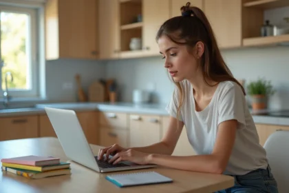 Jeune femme concentrée sur son ordinateur dans une cuisine moderne