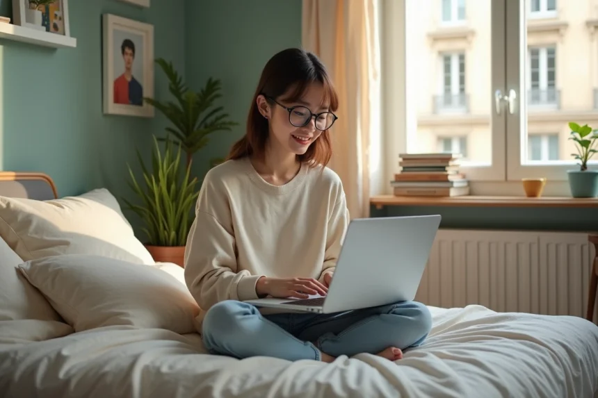 Jeune femme lisant manga sur son ordinateur dans sa chambre