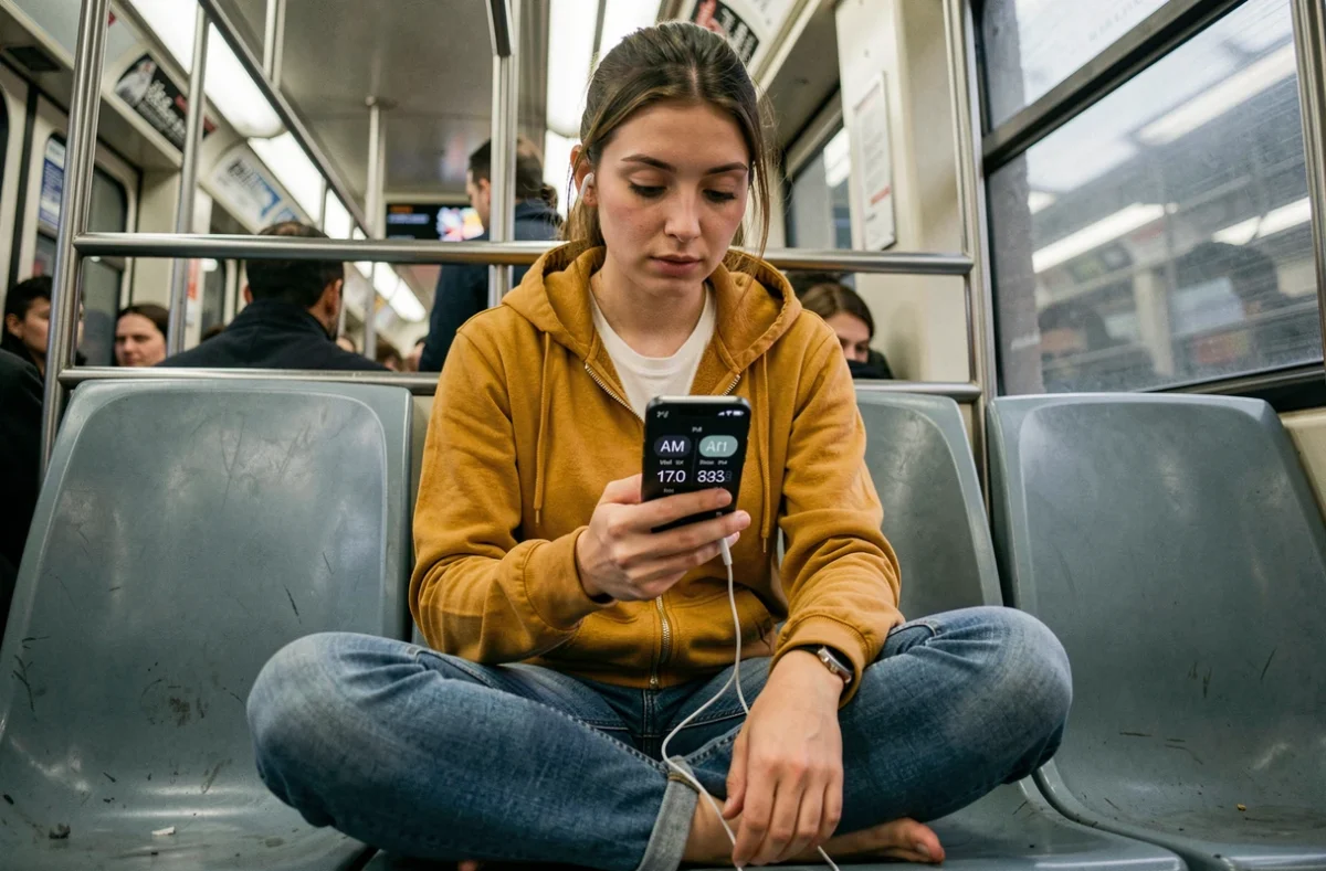 Jeune femme dans le métro consultant une application d'horloge mondiale avec les fuseaux horaires AM et PM sur son téléphone