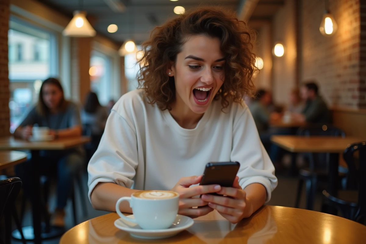 Jeune femme découvrant des spoilers One Piece sur les réseaux sociaux dans un café