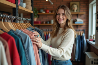 Jeune femme arrangeant des vêtements vintage dans une boutique cosy