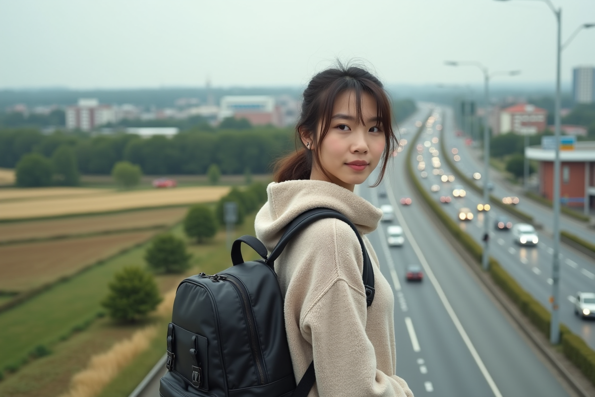 Jeune femme au arrêt de bus entre ville et campagne