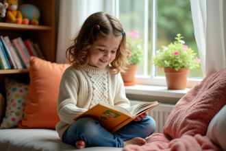 Jeune fille lisant un livre coloré dans un coin lecture cosy