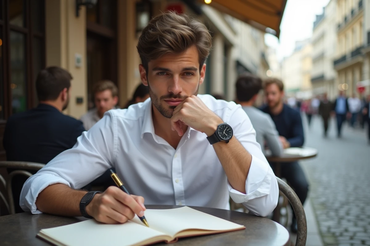 Jeune homme français pensif au café parisien en extérieur