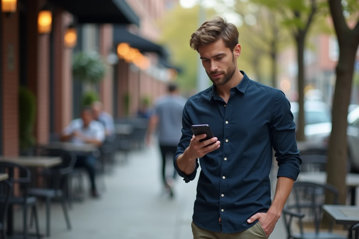 Jeune homme dans un café regardant son smartphone avec curiosité