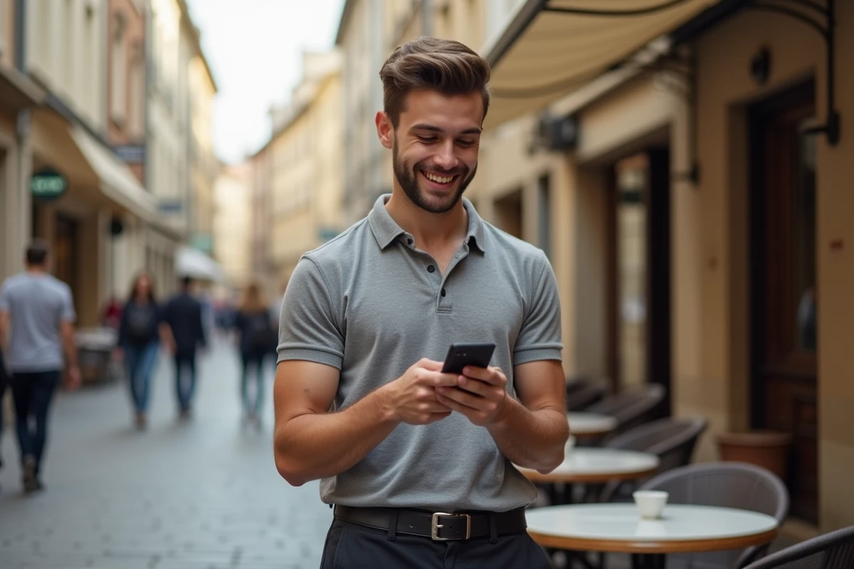 Jeune homme souriant regardant son smartphone en terrasse