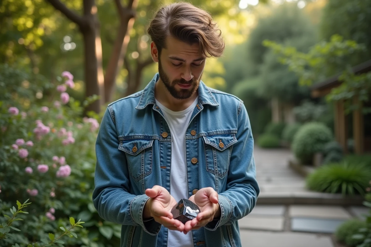 Jeune homme observant un cristal dans un jardin botanique