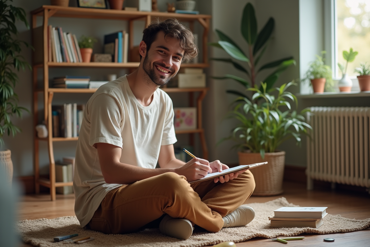 Jeune homme dessinant dans un salon chaleureux