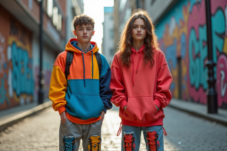 Jeune homme et femme en streetwear coloré en ville