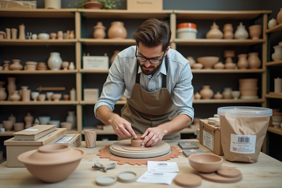 Jeune homme examinant un kit de poterie dans un magasin d