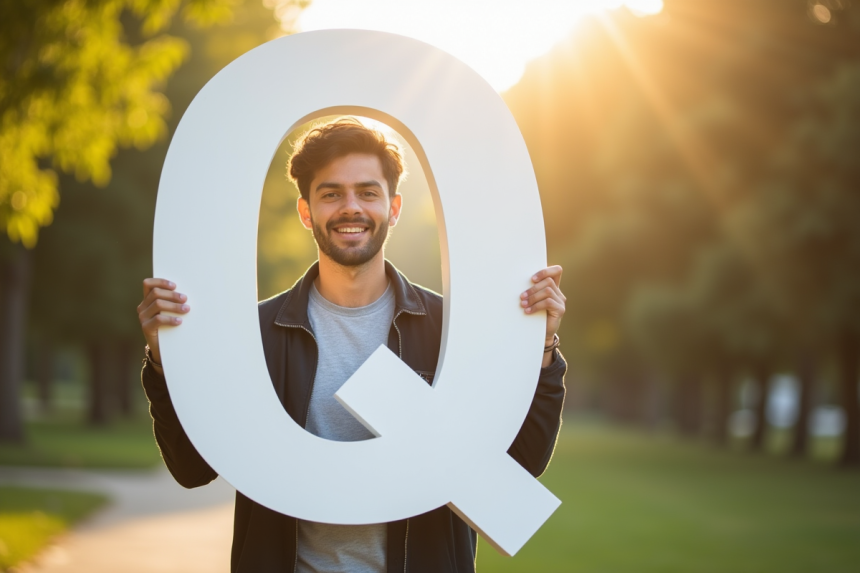 Jeune homme souriant tenant la lettre Q en extérieur