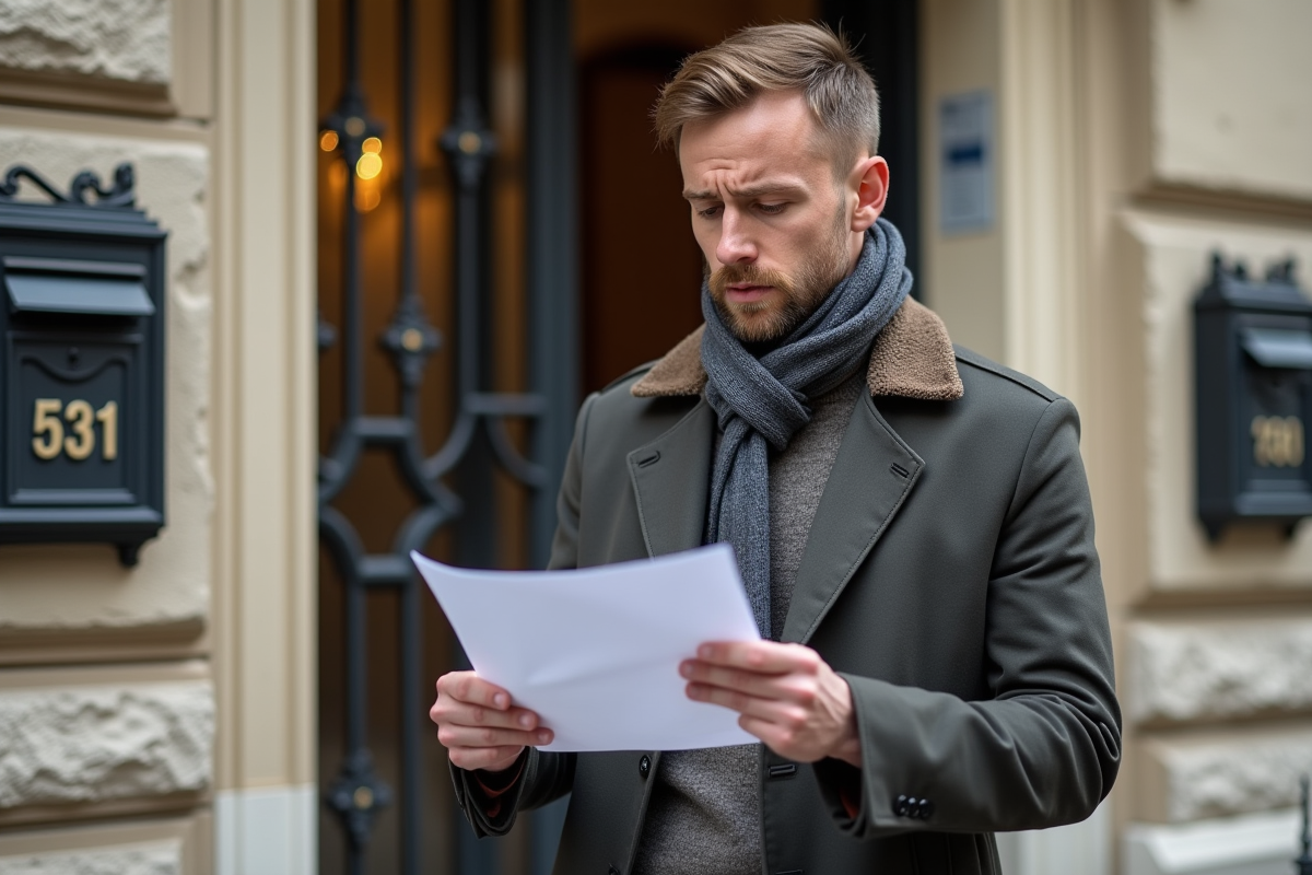 Jeune homme lisant une lettre devant un immeuble français