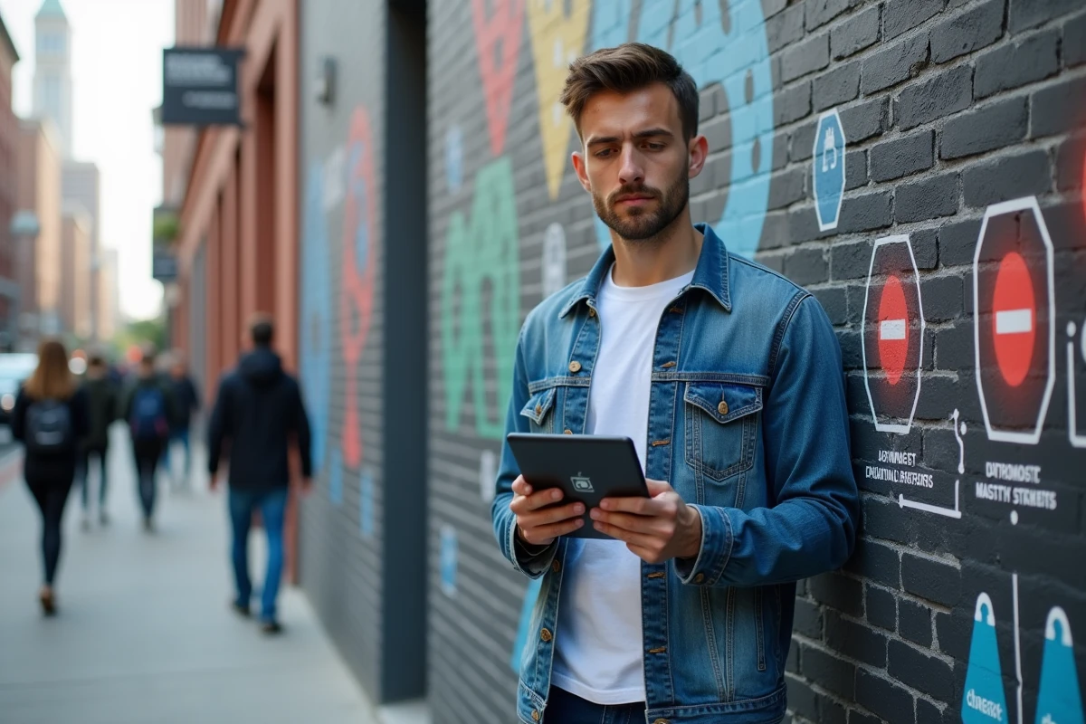 Jeune homme avec tablette devant mural digital urbain