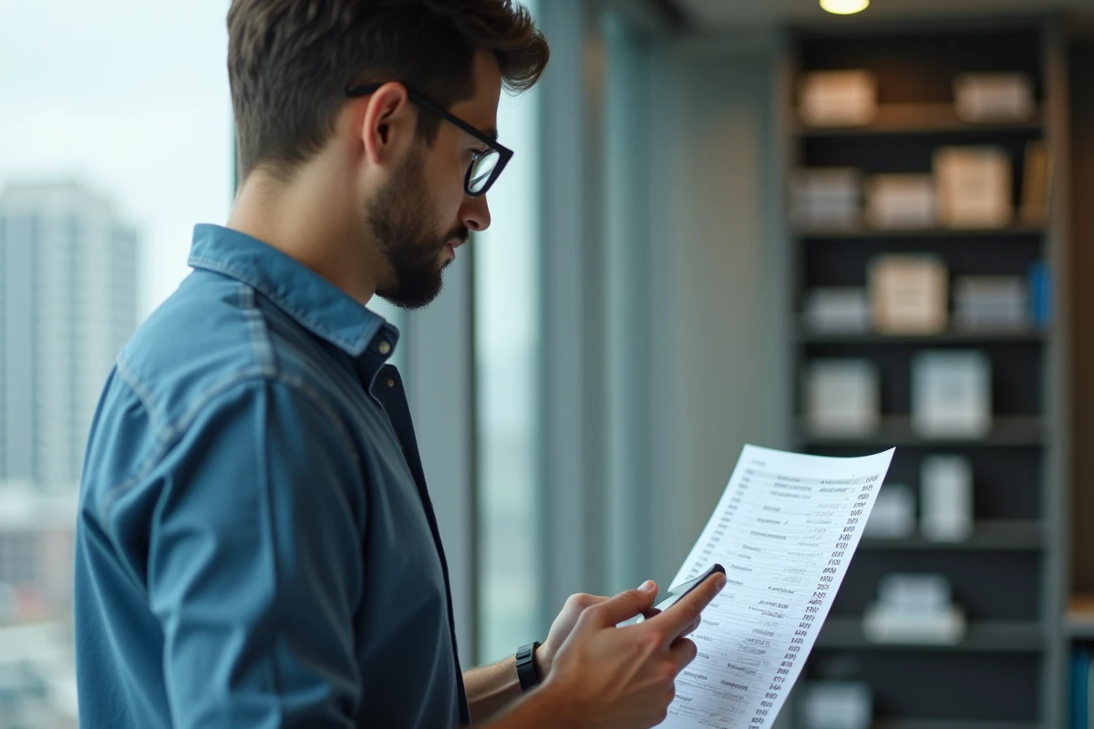 Jeune homme au bureau examinant une liste de numéros de téléphone