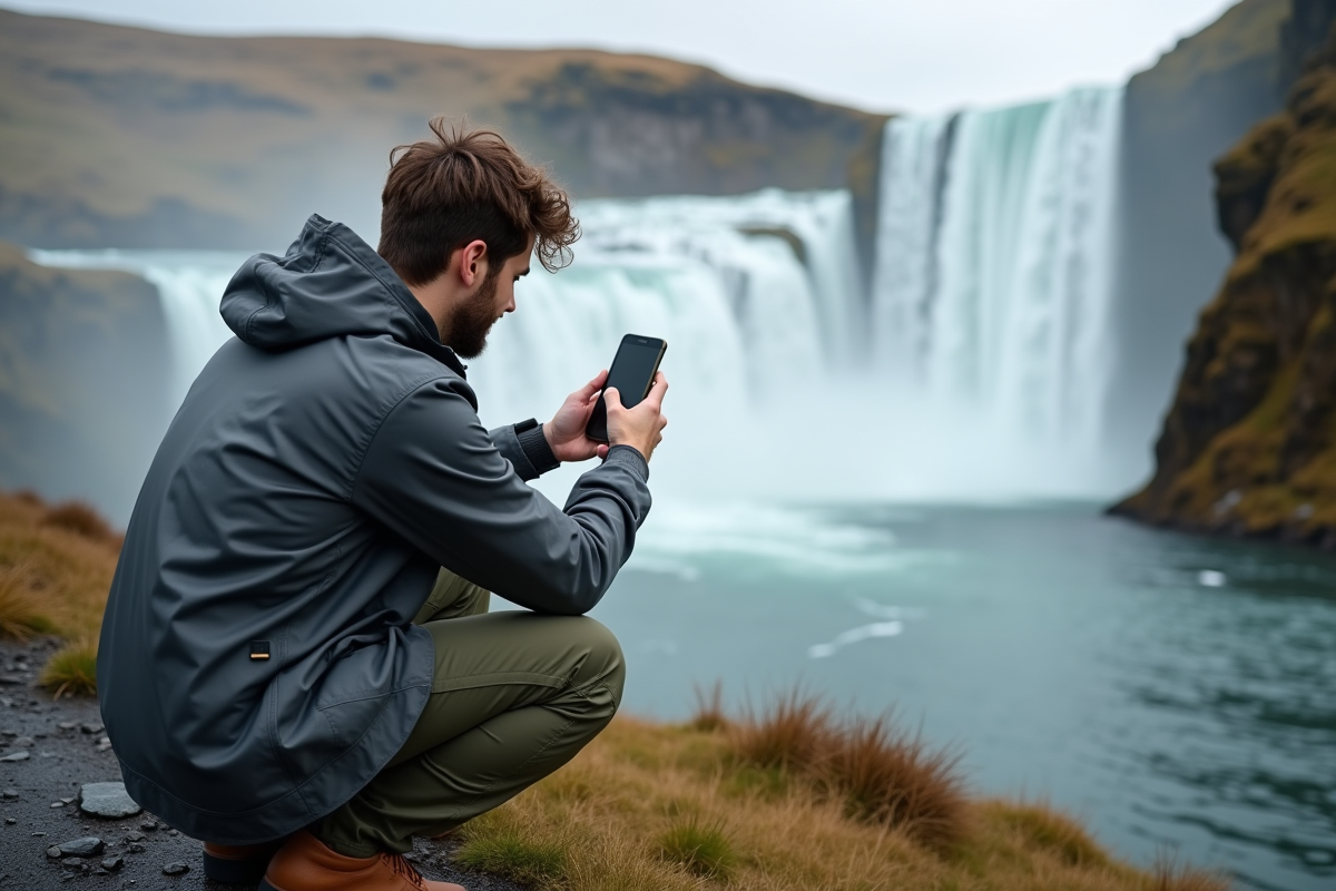 Jeune homme prenant une photo de Gullfoss avec smartphone